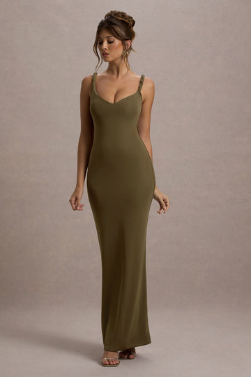 Twist Of Fate Khaki Green Twist-Neck Maxi Dress